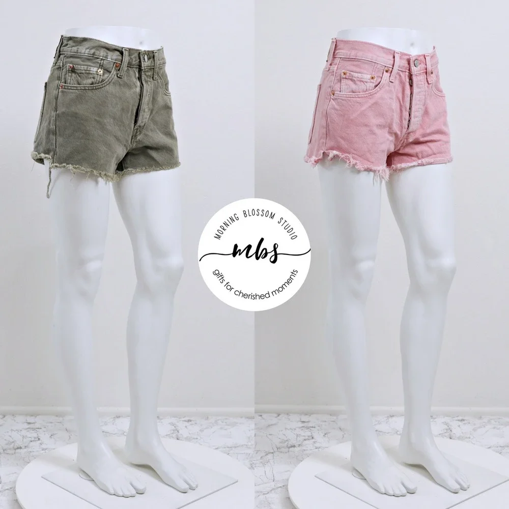 Bundle of 2 Levi's 501 90's High Rise Heritage Denim Shorts Green Pink Women M